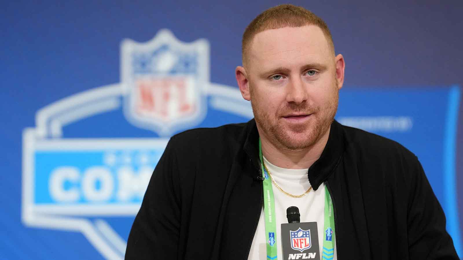 Buffalo Bills coach Joe Brady speaks at the NFL Scouting Combine at the Indiana Convention Center.