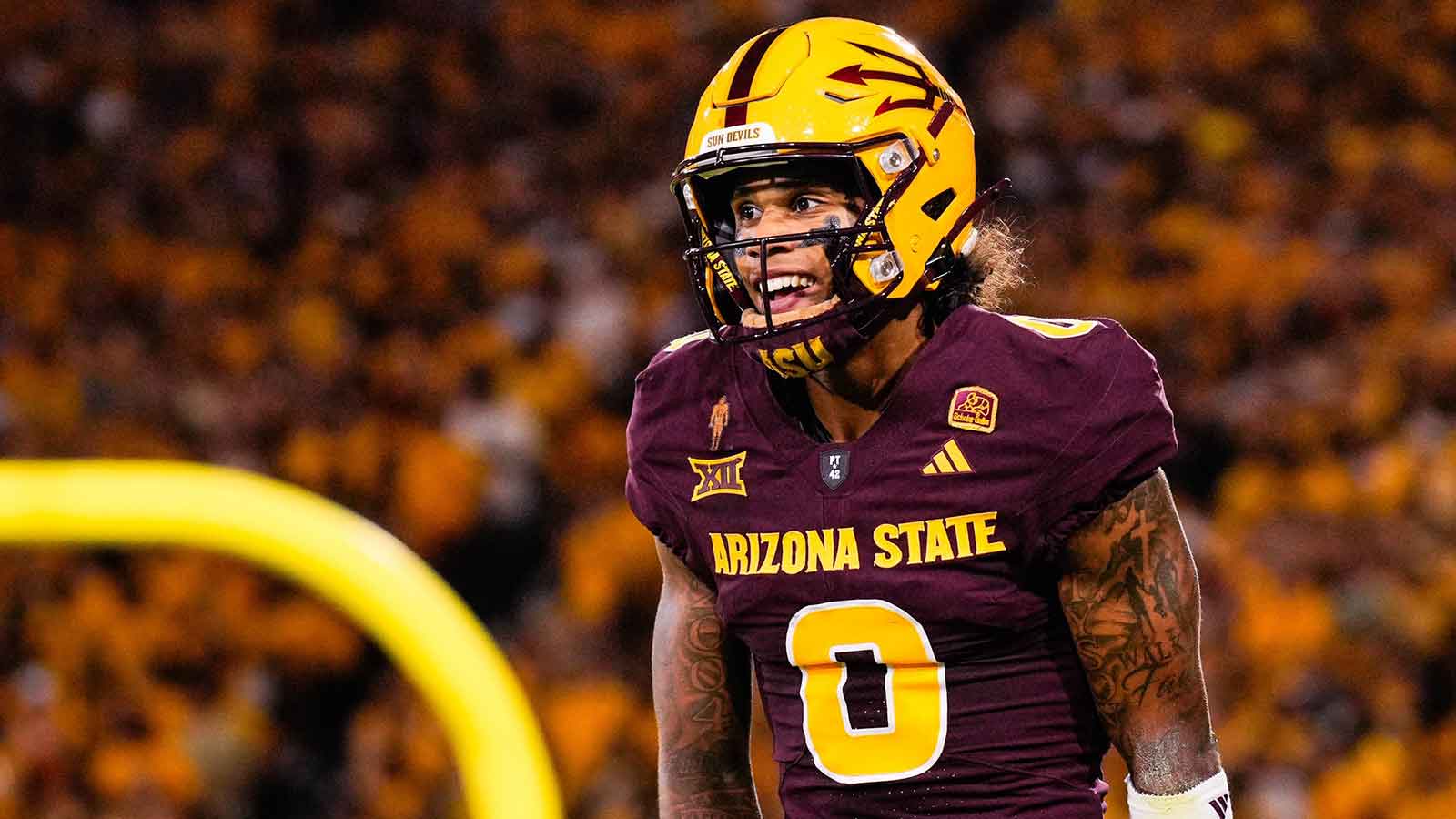 Arizona State Sun Devils wide receiver Jordyn Tyson (0) celebrates his touchdown in the first quarter between Arizona State Sun Devils and Northern Arizona Lumberjacks at Mountain America Stadium.