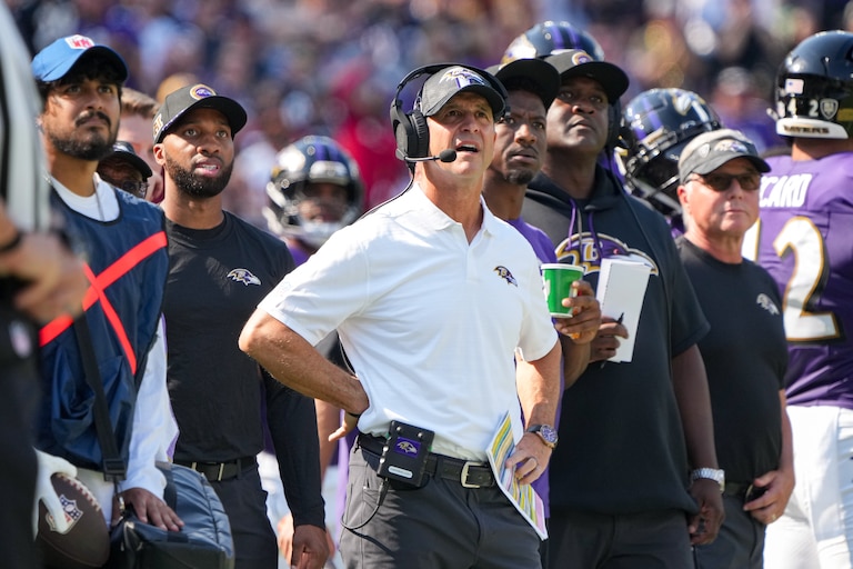 Baltimore Ravens coach John Harbaugh reacts after referees take back a flag against the Washington Commanders during a game at M&T Bank Stadium in Baltimore on Sunday, October 13, 2024.