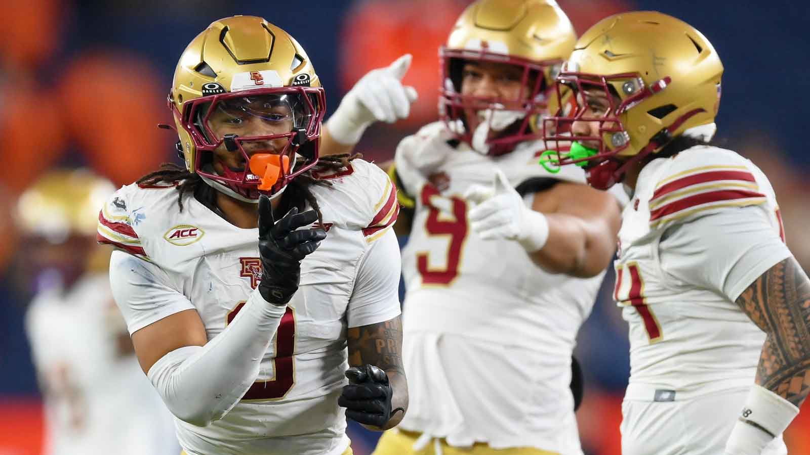 Boston College Eagles defensive back Omar Thornton (0) reacts to a sack against the Syracuse Orange during the second half at the JMA Wireless Dome.