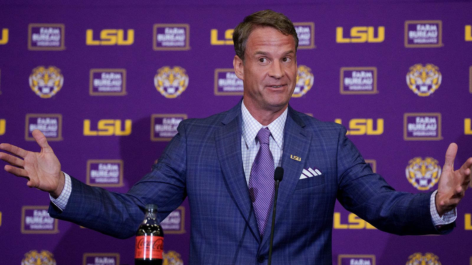 LSU new head coach Lane Kiffin speaks at South Stadium Club at Tiger Stadium.