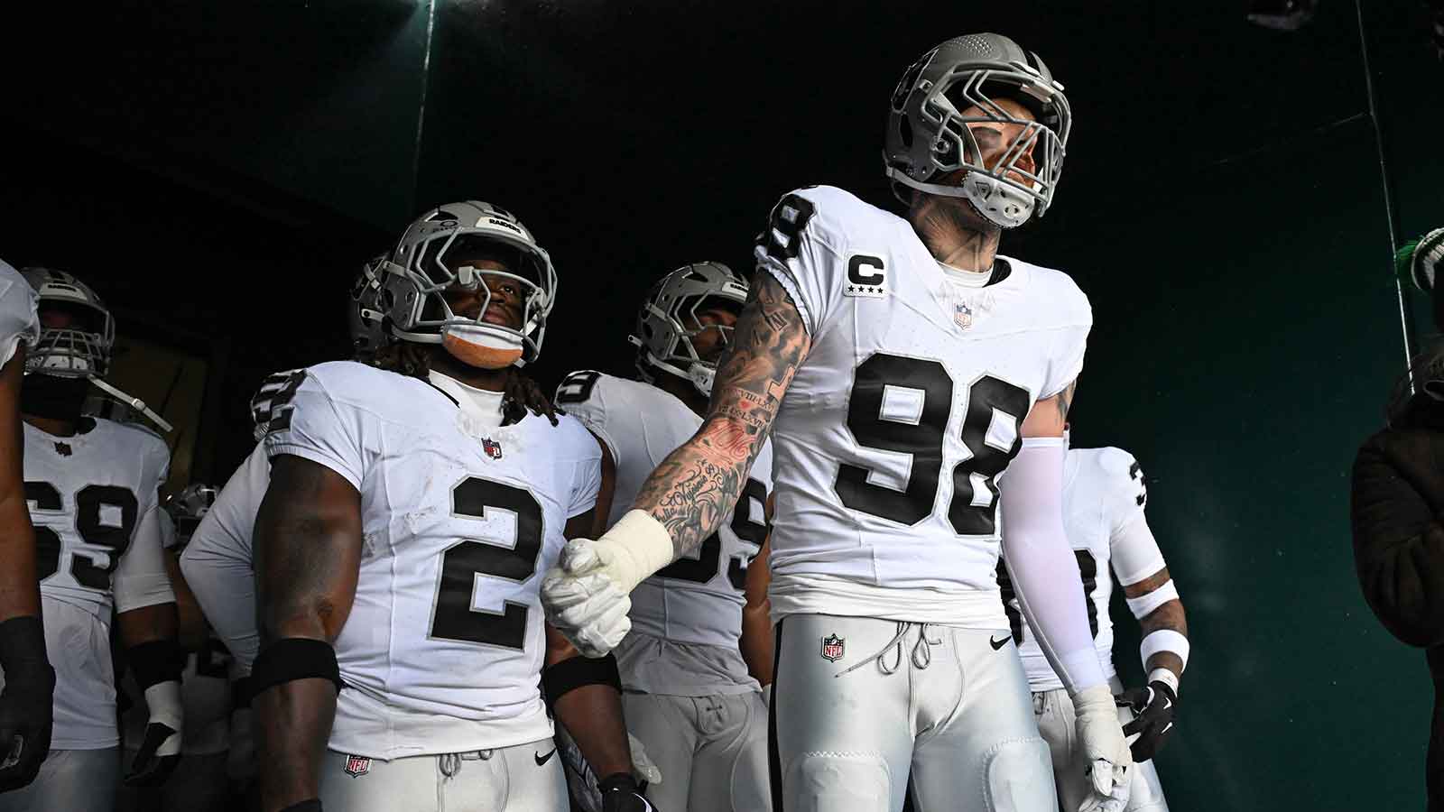 Las Vegas Raiders running back Ashton Jeanty (2) and defensive end Maxx Crosby (98) in the tunnel against the Philadelphia Eagles at Lincoln Financial Field.