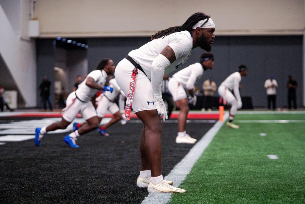 Team USA cornerback Mike Daniels during an exhibition against Mexico at the Super Bowl Experience in San Francisco.