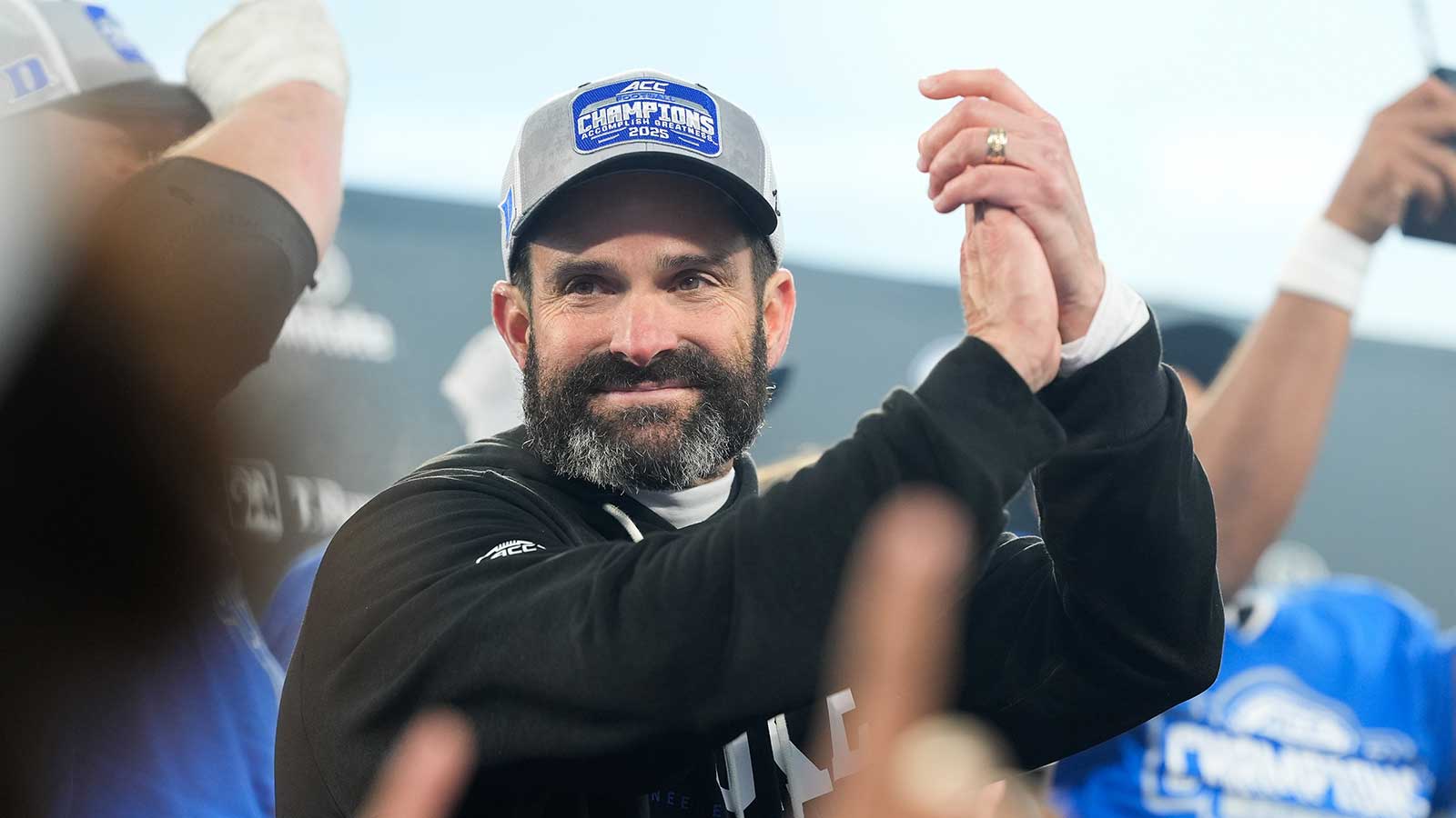 Duke Blue Devils head coach Manny Diaz celebrates defeating the Virginia Cavaliers during the 2025 ACC Championship game at Bank of America Stadium.