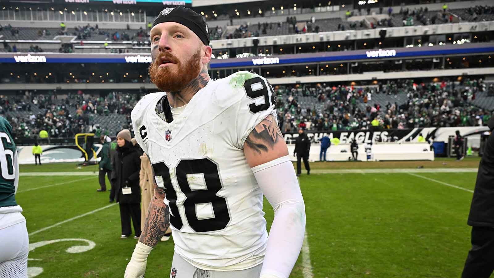 Las Vegas Raiders defensive end Maxx Crosby (98) on the field after loss to the Philadelphia Eagles at Lincoln Financial Field. Mandatory Credit: