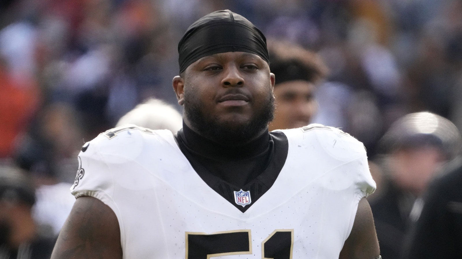 New Orleans Saints guard Cesar Ruiz (51) walks off the field after the game against the Chicago Bears at Soldier Field. 