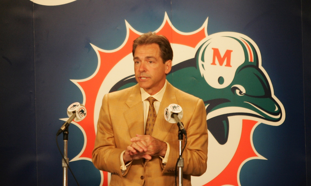 Jan 4, 2005; Davie, FL, USA; Nick Saban is introduced as the new Miami Dolphins head coach at the Dolphins practice facility in Davie, Florida.