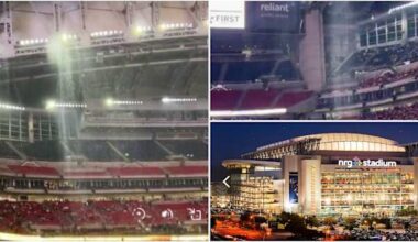 rain falls inside NRG Stadium during Monster Jam on Saturday night