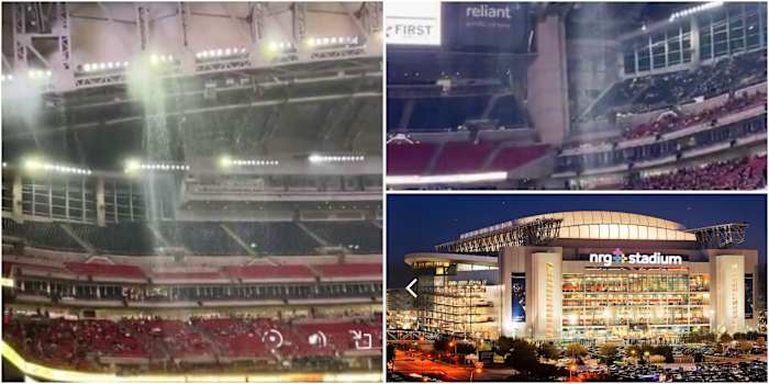 rain falls inside NRG Stadium during Monster Jam on Saturday night