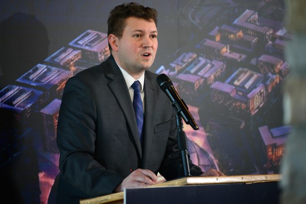 Portage Mayor Austin Bonta speaks during a news conference concerning the proposed Chicago Bears stadium and development in the city on Wednesday, Feb. 11, 2026. (Kyle Telechan/for the Post-Tribune)
