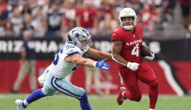 GLENDALE, ARIZONA - SEPTEMBER 24: Wide receiver Rondale Moore #4 of the Arizona Cardinals runs with the football ahead of linebacker Leighton Vander Esch #55 of the Dallas Cowboys during the NFL game at State Farm Stadium on September 24, 2023 in Glendale, Arizona.  The Cardinals defeated the Cowboys 28-16.  (Photo by Christian Petersen/Getty Images)