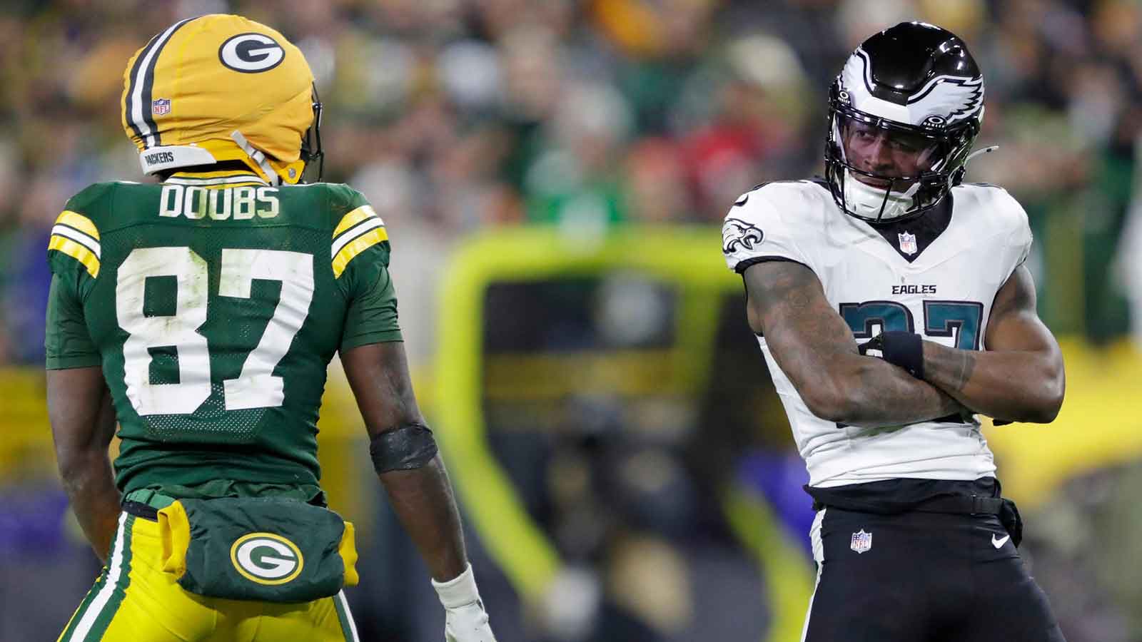 Philadelphia Eagles cornerback Quinyon Mitchell (27) celebrates breaking up a pass attempt to Green Bay Packers wide receiver Romeo Doubs (87) in the fourth quarter during their football game Monday, November 10, 2025, at Lambeau Field in Green Bay, Wisconsin.