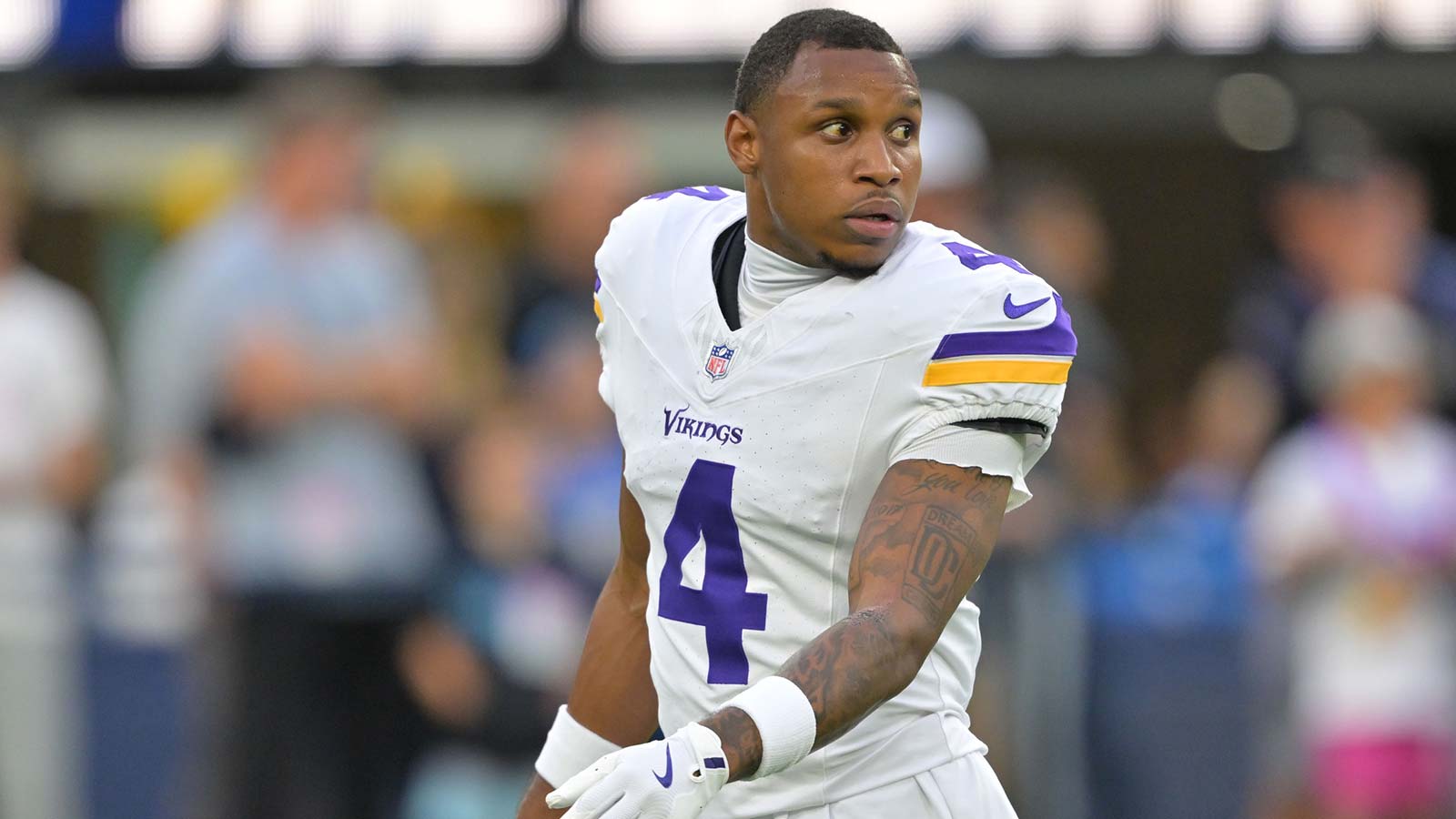 Minnesota Vikings wide receiver Rondale Moore (4) practices before the game against the Los Angeles Chargers at SoFi Stadium.