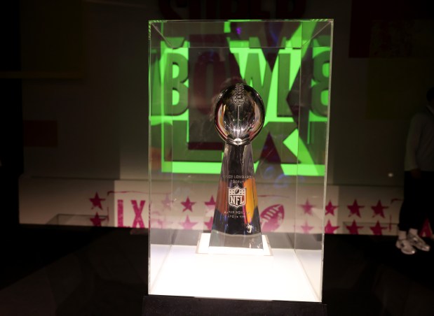 The seven-pound sterling silver Vince Lombardi Trophy on display during the first day of the Super Bowl LX Fan Experience at the Moscone Center in San Francisco, Calif., on Tuesday, Feb. 3, 2026. (Jane Tyska/Bay Area News Group)