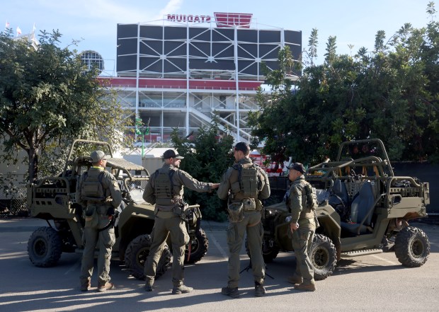 Members of the Department of Homeland Security keep watch before Super Bowl 60 between the New England Patriots and the Seattle Seahawks at Levi's Stadium in Santa Clara, Calif., on Sunday, Feb. 8, 2026. (Jane Tyska/Bay Area News Group)