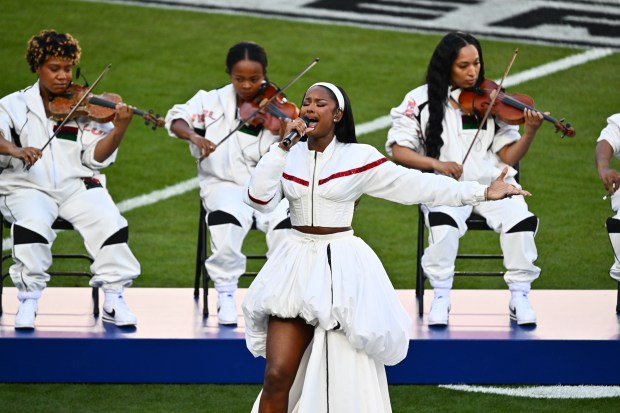 Coco Jones sings "Lift Ev'ry Voice and Sing" as Super Bowl 60 festivities begin at Levi's Stadium in Santa Clara, Calif., on Sunday, Feb. 8, 2026. (Jose Carlos Fajardo/Bay Area News Group)