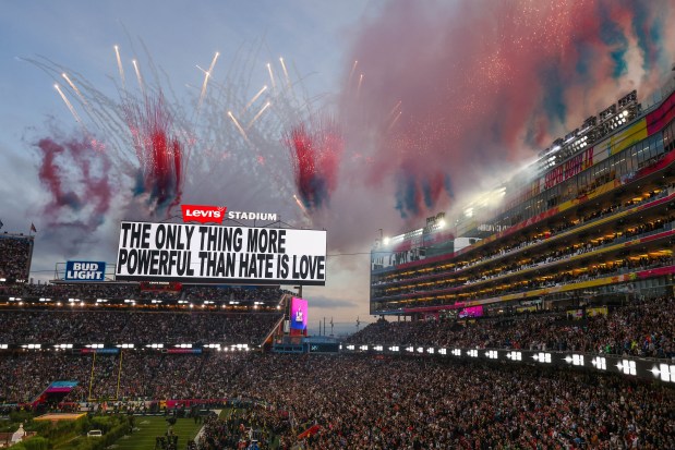 Fireworks erupt during the Super Bowl 60 Halftime Show performance by Puerto Rican superstar Bad Bunny at Levi's Stadium in Santa Clara, Calif., on Sunday, Feb. 8, 2026. (Ray Chavez/Bay Area News Group)