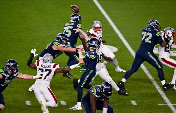 Seattle Seahawks quarterback Sam Darnold (14) throws a pass in the fourth quarter of Super Bowl 60 at Levi's Stadium in Santa Clara, Calif., on Sunday, Feb. 8, 2026. (Jose Carlos Fajardo/Bay Area News Group)