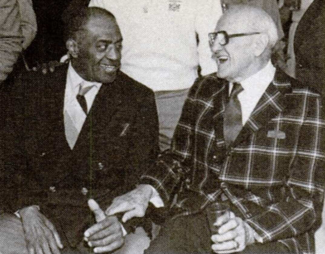 Paul Patterson and George Halas celebrate Patterson’s recognition as Industry Man of the Year for his work at Anheuser-Busch. (Jet Magazine, Oct. 8, 1981)