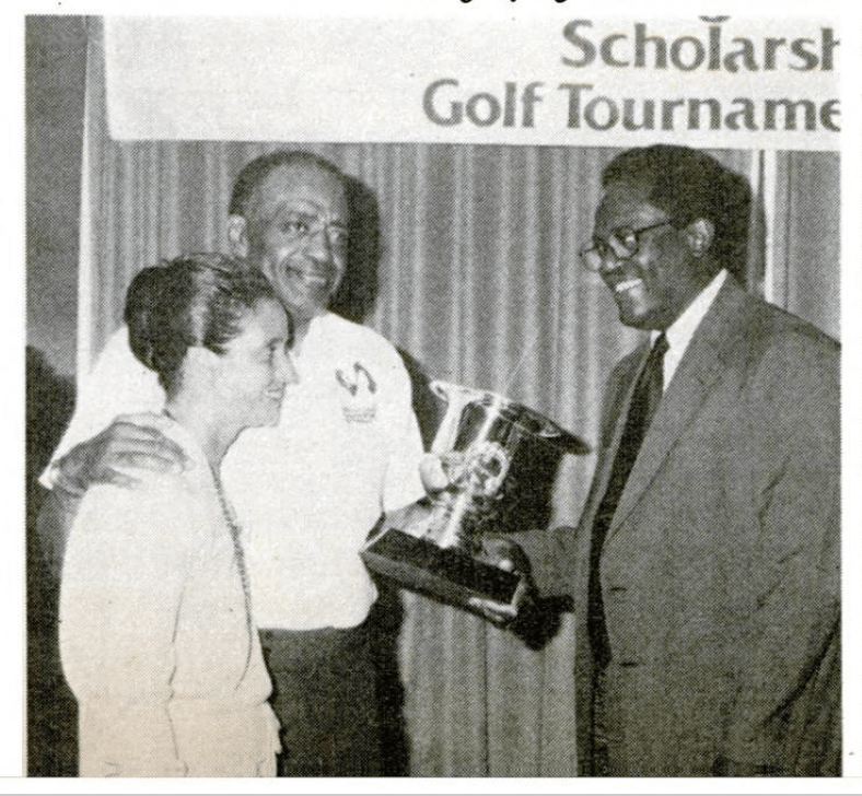 Paul Patterson receives a service award for his work on the Scholarship Golf Tournament, a benefit for the United Negro College Fund. Paul’s wife Shirley of the UNCF joins him. (Source: Jet Magazine, July 5, 1979)