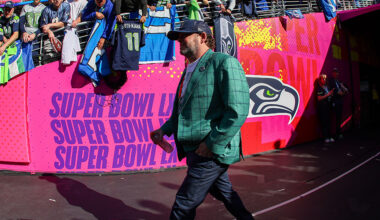 Seattle Seahawks GM John Schneider walks pregame Super Bowl 2026...
