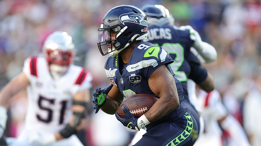 Seattle Seahawks Kenneth Walker III carry Patriots Super Bowl 2026...