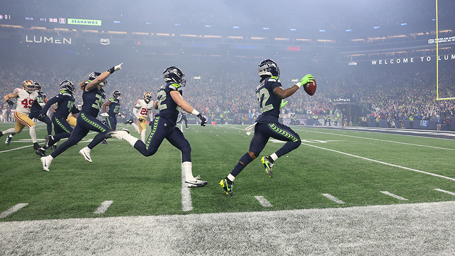 Seattle Seahawks Rashid Shaheed racing down sideline kick return 49ers 2026 playoffs...