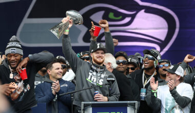 Seattle Seahawks Sam Darnold hoists trophy Super Bowl celebration 2026...