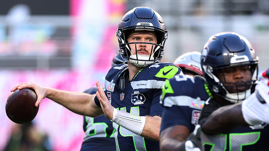 Seattle Seahawks Sam Darnold throws pass Super Bowl Patriots 2026...