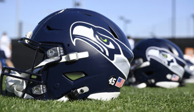 Seattle Seahawks helmets Super Bowl practice 2026...