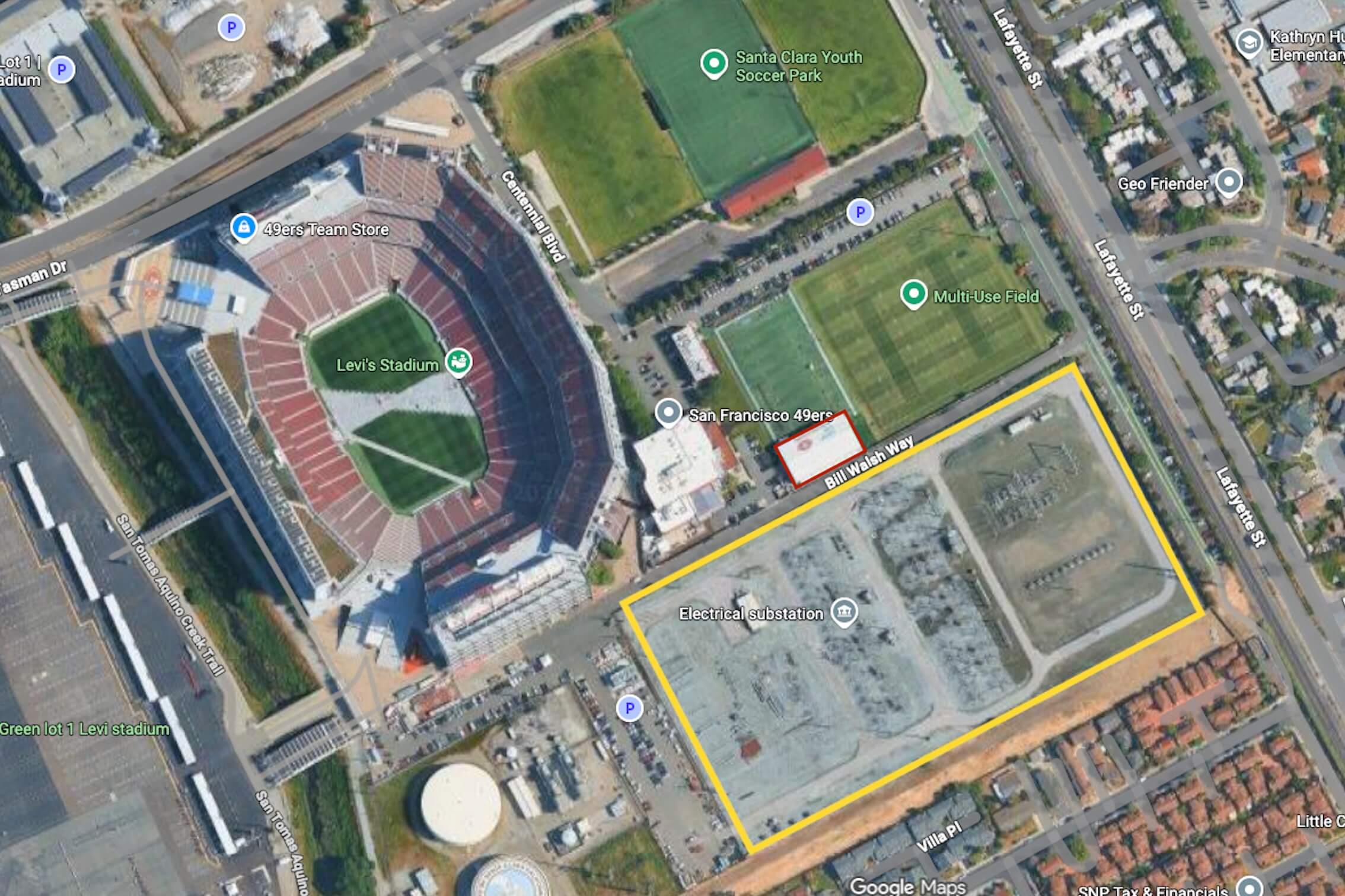 A satellite view of Levi's Stadium, the 49ers' practice facility and the electrical substation next door, via Google Maps. The stadium is in the middle left of the image, and the 49ers' weight room (outlined in red) is due east on the other side of the 49ers' facility. The substation, outlined in yellow, Is directly south of the facility, weight room and practice fields.
