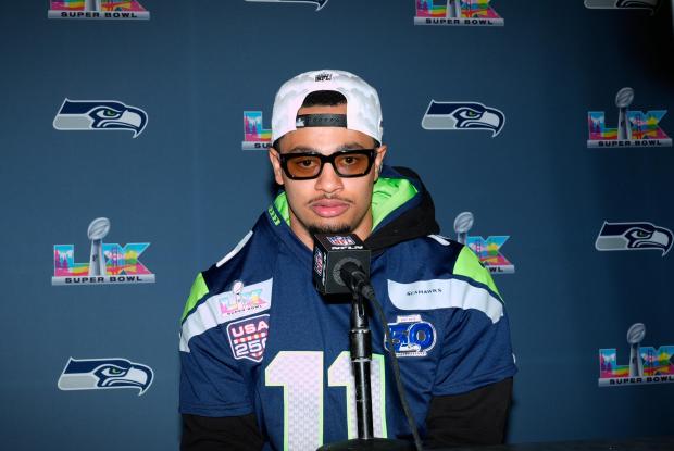 Seattle Seahawks wide receiver Jaxon Smith-Njigba speaks during a news conference on Wednesday, Feb. 4, 2026, in San Jose, Calif., ahead of Super Bowl 60 between the New England Patriots and the Seattle Seahawks. (AP Photo/Brynn Anderson)