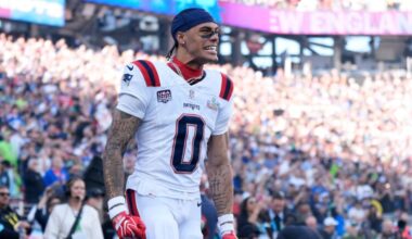 New England Patriots cornerback Christian Gonzalez (0) reacts before the NFL Super Bowl 60 football game against the Seattle Seahawks, Sunday, Feb. 8, 2026, in Santa Clara, Calif.