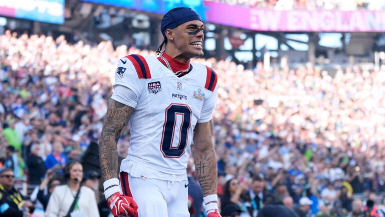 New England Patriots cornerback Christian Gonzalez (0) reacts before the NFL Super Bowl 60 football game against the Seattle Seahawks, Sunday, Feb. 8, 2026, in Santa Clara, Calif.