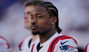 New England Patriots wide receiver Stefon Diggs (8) stands on the sidelines before taking on the Seattle Seahawks in the NFL Super Bowl 60 football game, Sunday, Feb. 8, 2026 in Santa Clara, Calif.