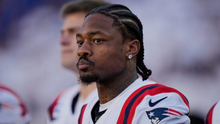 New England Patriots wide receiver Stefon Diggs (8) stands on the sidelines before taking on the Seattle Seahawks in the NFL Super Bowl 60 football game, Sunday, Feb. 8, 2026 in Santa Clara, Calif.