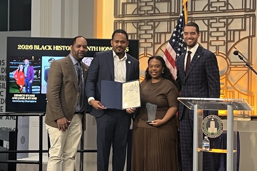 Members of the late-Houston Congressman Sylvester Turner accepted an award on his behalf during the Black History Month ceremony in Downtown Houston, Feb. 19.