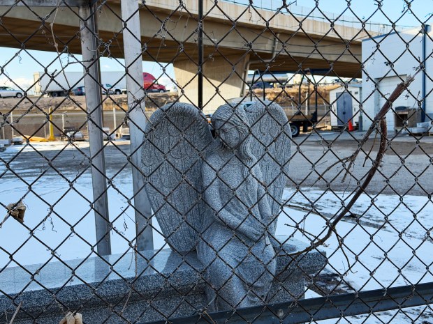 The site of Erickson Monuments, which has operated in Denver for a hundred years, was bought in 2024 for $4.7 million as part of the series of land acquisitions in Burnham Yard tied to the Denver Broncos, who want to build a new stadium in the area. The owner of the business at 1245 Quivas St. is now leasing land at 745 Vallejo St. and is concerned she might have to move again. (Photo by Judith Kohler/The Denver Post)