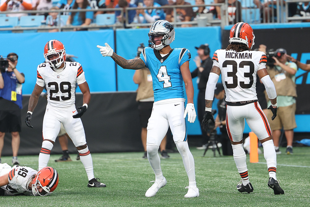 CHARLOTTE, NC - AUGUST 08: Carolina Panthers wide receiver Tetairoa McMillan (4) during a NFL preseason football game between the Cleveland Browns and the Carolina Panthers on August 8, 2025, at Bank of America Stadium in Charlotte, N.C. (Photo by John Byrum/Icon Sportswire)
