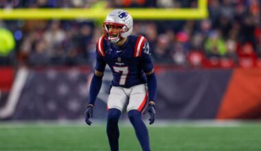 New England Patriots cornerback Carlton Davis III (7) drops into coverage during the first half of an NFL divisional playoff football game against the Houston Texans, Sunday, Jan. 18, 2026, in Foxborough, Mass.