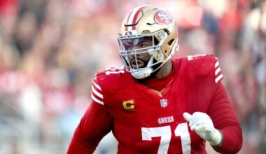 San Francisco 49ers offensive tackle Trent Williams (71)blocks during an NFL football game against the Tennessee Titans, Sunday, Dec. 14, 2025, in Santa Clara, Calif.