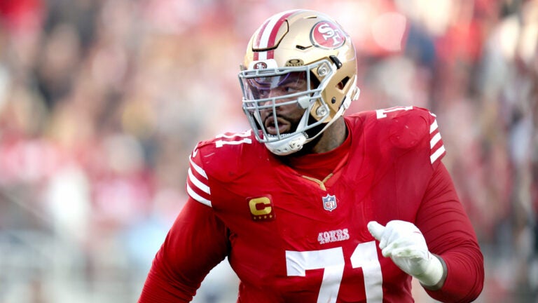 San Francisco 49ers offensive tackle Trent Williams (71)blocks during an NFL football game against the Tennessee Titans, Sunday, Dec. 14, 2025, in Santa Clara, Calif.