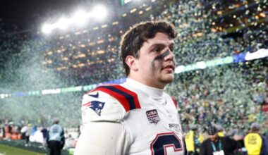New England Patriots offensive tackle Will Campbell (66) walks off the field after the game. The Seattle Seahawks defeat the Patriots in Super Bowl LX on Feb. 8, 2026 at Levi’s Stadium.