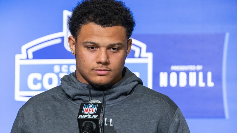 Ivan Pace Jr. speaks to reporters at the NFL Combine during a media session. Vikings draft