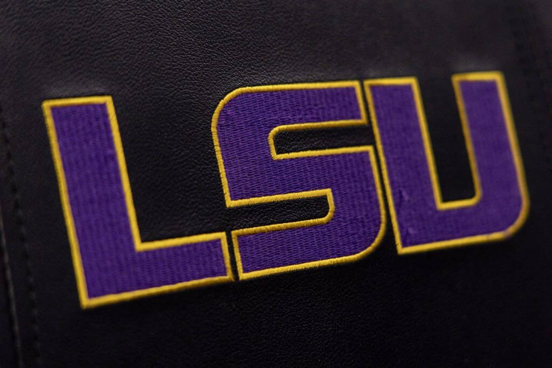 Detailed view of the LSU Tigers logo on the player chairs from a game against the Kentucky Wildcats at Pete Maravich Assembly Center.