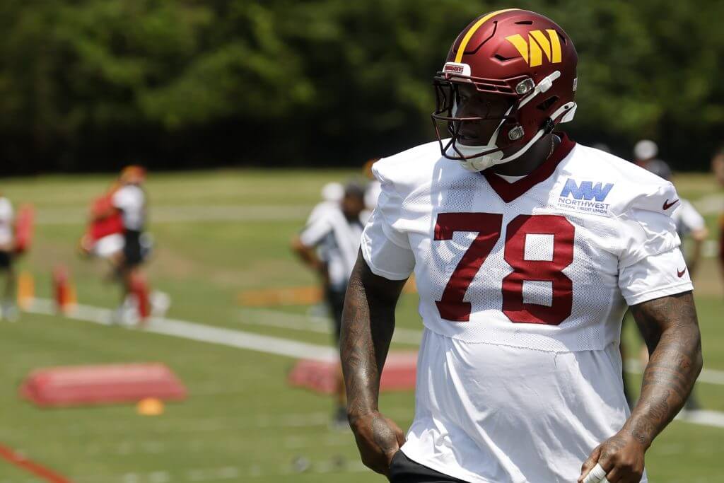 Washington Commanders offensive tackle Laremy Tunsil during a practice. 