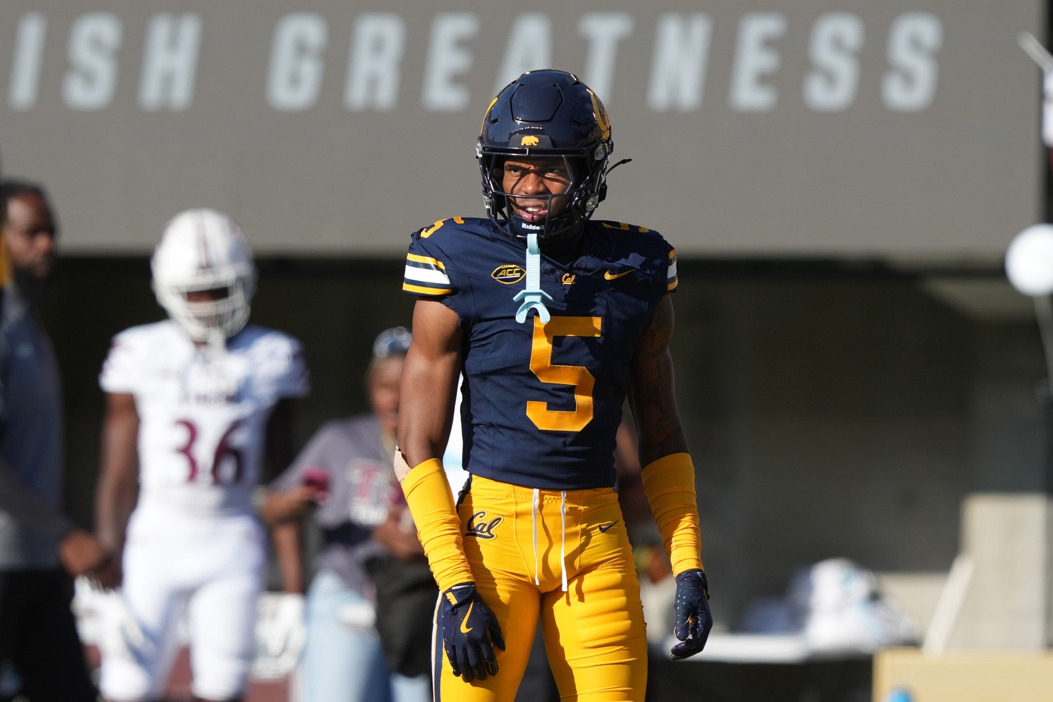 Sep 6, 2025; Berkeley, California, USA; California Golden Bears defensive back Hezekiah Masses (5) during the third quarter against the Texas Southern Tigers at California Memorial Stadium. Mandatory Credit: Darren Yamashita-Imagn Images