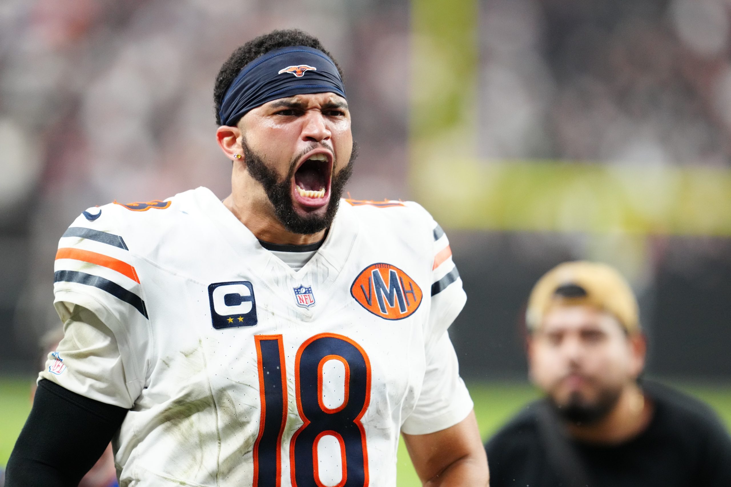 Chicago Bears quarterback Caleb Williams (18) celebrates after the game against the Las Vegas Raiders at Allegiant Stadium.