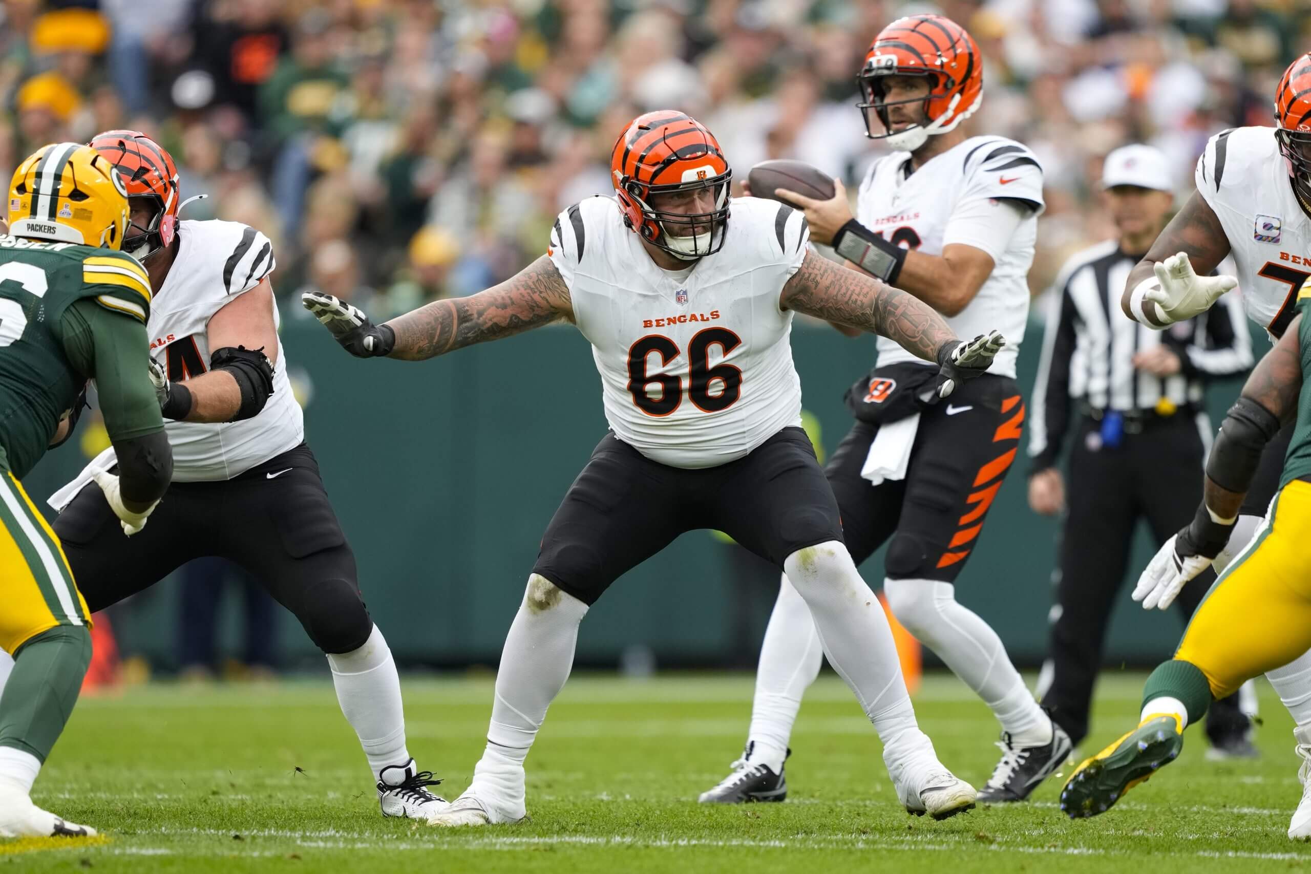 Cincinnati Bengals guard Dalton Risner (66) during the game against the Green Bay Packers at Lambeau Field. 