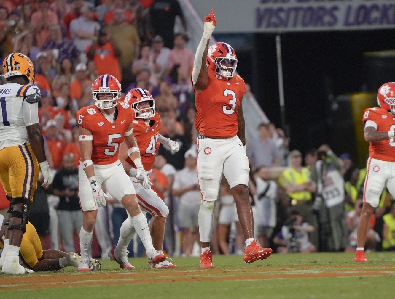 Clemson defensive end T.J. Parker (3) celebrates a tackle against Louisiana State University during the first quarter at Memorial Stadium in Clemson, S.C. Saturday, August 30, 2025.
